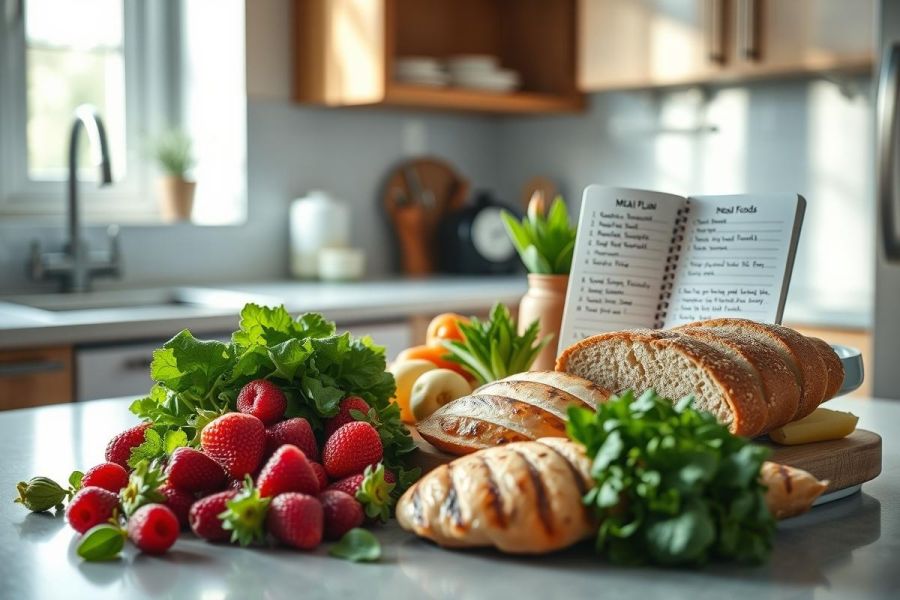 Fresh ingredients in a bright kitchen. Strawberries, bread, herbs, and vegetables are arranged on a counter next to an open cookbook. A modern kitchen sink and window are visible in the background, creating a cozy, healthy eating scene. Natural light and vibrant colors highlight the food's freshness.
