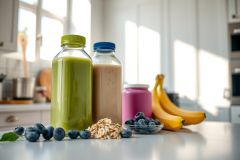 Healthy breakfast setup with colorful smoothies in glass jars, blueberries, banana, and oats on a kitchen counter. A vibrant and nutritious morning meal concept.