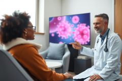 Doctor consults with a patient in a modern office setting. The doctor, wearing a white coat, gestures while speaking. The patient sits facing him, with a pink background image visible on a screen behind them.
