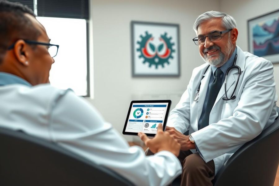 A doctor in a white coat and stethoscope speaks with a patient in a brightly lit office. The image conveys a medical consultation and healthcare setting.
