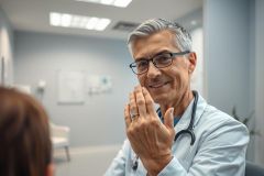Friendly doctor in a modern medical office consults with a patient. Image shows a healthcare professional with a stethoscope, wearing glasses, and smiling in a bright, blue-toned environment. Focus on healthcare, consultation, and medical professionals.