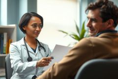 Doctor examining a patient in a clinic. A female physician in scrubs discusses medical documents with a male patient. Healthcare professional consultation, medical diagnosis, and patient care.