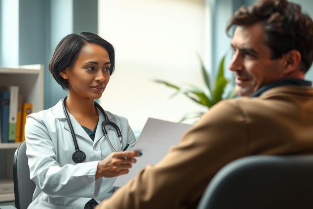 Doctor examining a patient in a clinic. A female physician in scrubs discusses medical documents with a male patient. Healthcare professional consultation, medical diagnosis, and patient care.
