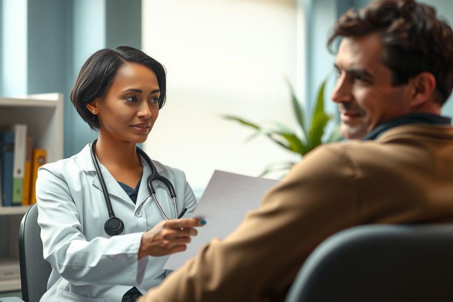Doctor examining a patient in a clinic. A female physician in scrubs discusses medical documents with a male patient. Healthcare professional consultation, medical diagnosis, and patient care.