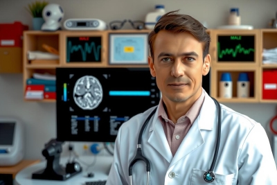 The image shows a male doctor in a medical setting. He is wearing a white lab coat and is standing behind a desk with various medical equipment including a digital device that could be a heart rate monitor. 