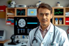 The image shows a male doctor in a medical setting. He is wearing a white lab coat and is standing behind a desk with various medical equipment including a digital device that could be a heart rate monitor. 