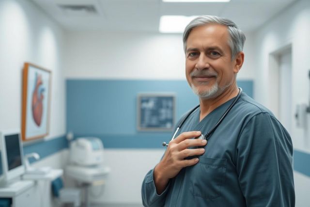 Portrait of a smiling male doctor in a blue scrubs with a stethoscope, standing in a modern hospital hallway. The scene features medical equipment and a heart anatomy poster. Healthcare professional, medical clinic, cardiology, doctor portrait.