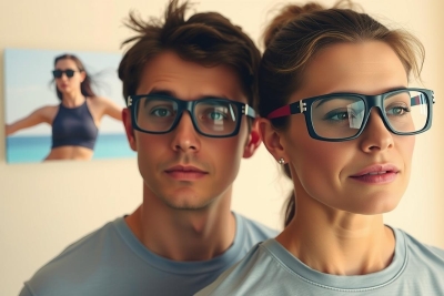 The image shows a man and woman posing side by side, wearing matching glasses. They are dressed in athletic attire that suggests they might be engaged in a fitness activity. Behind them is a wall with a framed picture of a female athlete, implying a theme related to sports or exercise. The environment appears to be indoors, possibly at home.
