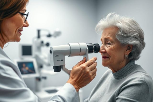 An optometrist examines an elderly woman's eyes in a modern ophthalmology clinic. The image shows a close-up of the eye exam process with medical equipment. Predominant colors are white, gray, and skin tones. Focus is on eye health, senior care, and vision testing.
