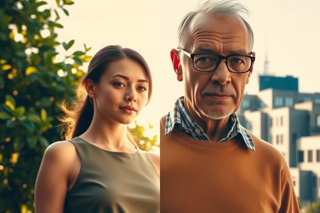 The image is a split-screen photograph featuring two individuals, possibly portraying different characters or roles. The left side shows a woman with long hair, wearing a sleeveless top and looking directly at the viewer. She appears to be in an outdoor setting with natural lighting. On the right side, there's an older man with glasses, dressed in a button-up shirt and a sweater vest over it. He has grey hair and is looking slightly away from the camera towards the left side of the image. 