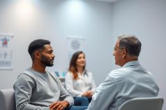 Medical consultation scene. A diverse group - African American man, white woman, and older Caucasian man - in a modern, light blue office setting. Likely a doctor-patient or therapy session. Healthcare, consultation, and wellness themes.