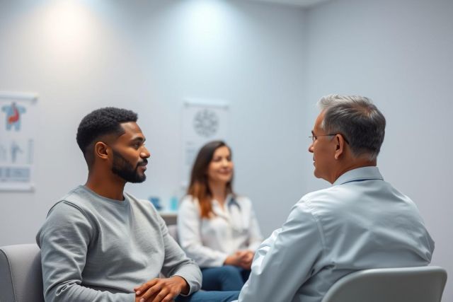 Medical consultation scene. A diverse group - African American man, white woman, and older Caucasian man - in a modern, light blue office setting. Likely a doctor-patient or therapy session. Healthcare, consultation, and wellness themes.