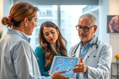 Doctor showing patient tablet with medical image during consultation. Healthcare professional in white coat explaining diagnosis. Modern clinic setting, warm lighting. Focus on patient care and technology in medicine.