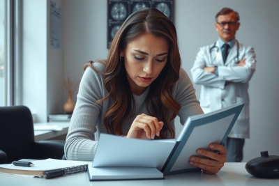 In the image, a woman is seated at a desk in what appears to be an office setting. She's reading some papers or documents that are on the desk in front of her. On one side, there's a man who seems to be observing or supervising the situation; he is wearing a white coat which typically signifies a medical professional.