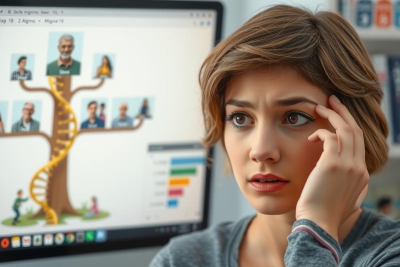 The image features a woman at her desk, seemingly puzzled or confused. She is looking at a computer screen with her hand on her forehead. On the screen, there are various icons and images that appear to be related to genetic research, DNA mapping or a similar field.