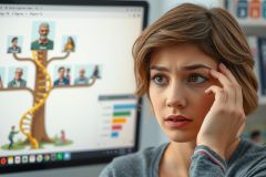 The image features a woman at her desk, seemingly puzzled or confused. She is looking at a computer screen with her hand on her forehead. On the screen, there are various icons and images that appear to be related to genetic research, DNA mapping or a similar field.