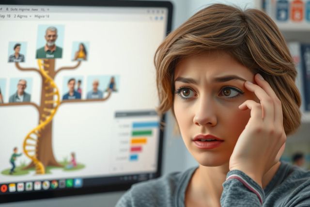 The image features a woman at her desk, seemingly puzzled or confused. She is looking at a computer screen with her hand on her forehead. On the screen, there are various icons and images that appear to be related to genetic research, DNA mapping or a similar field.