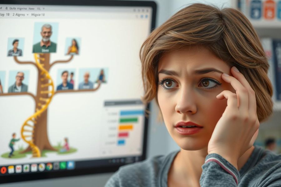 The image features a woman at her desk, seemingly puzzled or confused. She is looking at a computer screen with her hand on her forehead. On the screen, there are various icons and images that appear to be related to genetic research, DNA mapping or a similar field.