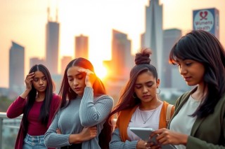 A group of young women socializing in an urban setting at sunset. They are dressed casually and engaged in conversation while one checks her phone. The city skyline is visible behind them, suggesting a relaxed, friendly atmosphere.