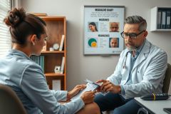 The image depicts a professional setting where a man and a woman are engaged in what appears to be a business meeting or consultation. The man, who is wearing glasses and a white lab coat suggesting he might be a doctor, is seated behind a desk with various papers and a clipboard laid out in front of him.