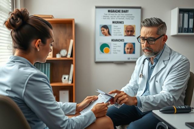 The image depicts a professional setting where a man and a woman are engaged in what appears to be a business meeting or consultation. The man, who is wearing glasses and a white lab coat suggesting he might be a doctor, is seated behind a desk with various papers and a clipboard laid out in front of him.