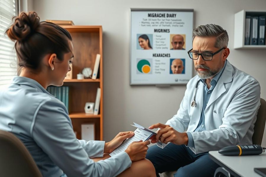 The image depicts a professional setting where a man and a woman are engaged in what appears to be a business meeting or consultation. The man, who is wearing glasses and a white lab coat suggesting he might be a doctor, is seated behind a desk with various papers and a clipboard laid out in front of him.