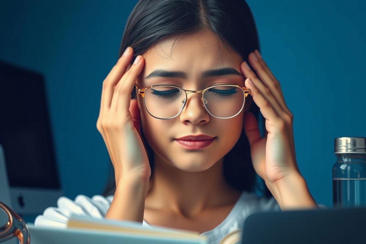 The image depicts a young woman with her hand on her head, appearing to be in pain or distress. She is wearing glasses and has brown hair. The background suggests an indoor setting, possibly an office, with various items like a laptop, papers, and a water bottle visible.
