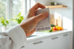 Close-up of a hand holding a shipping label in a bright, modern kitchen. The white label contrasts with the light wood and green plants. Focus on delivery, shipping, and home environment.