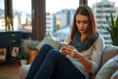 A young woman sitting on a sofa, looking at her cell phone. She's wearing a scarf and appears to be focused on the screen of her device.