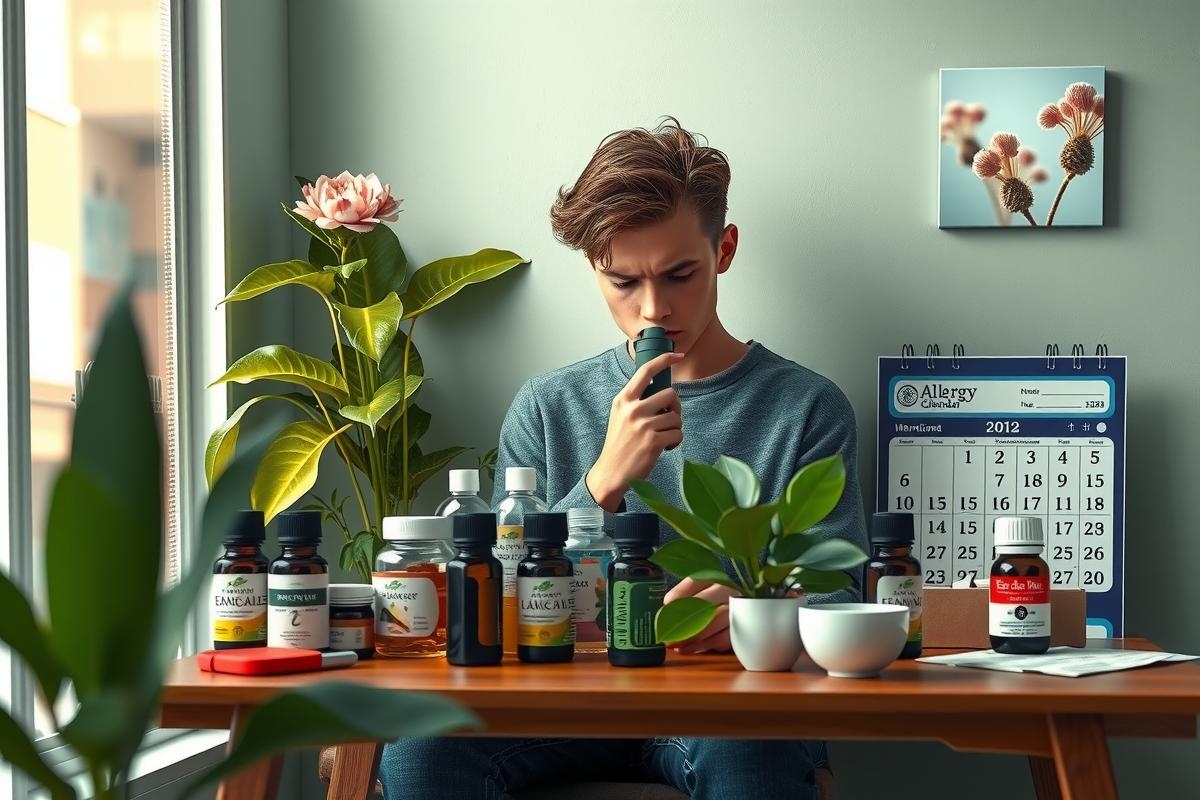The image portrays a young adult man sitting at a table. The environment appears to be an indoor space, possibly a living room or home office. On the table in front of him is an array of various bottles and pills, which suggests that he might be organizing medicine or health supplements.