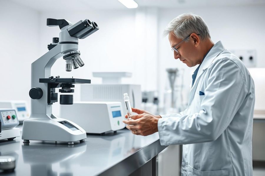 Scientist in a modern lab examines a vial near a microscope and scientific equipment. The image showcases a clean, white environment with a focus on laboratory research and analysis. Gray hair, glasses, and a lab coat emphasize the professional setting.