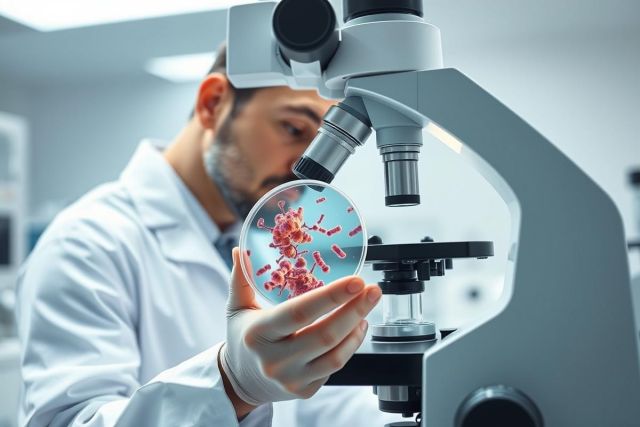 Scientist in a lab examines microorganisms under a microscope. The image showcases medical research, biology, and scientific investigation with a focus on viruses and cellular structures. Predominant colors are white, red, and gray, depicting a sterile laboratory environment.