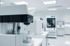 Modern laboratory equipment in a bright, clean lab setting. Focus on a scientific instrument with a sample tube. White and gray tones dominate the scene, suggesting research and analysis. Science, lab, equipment, analysis, research.
