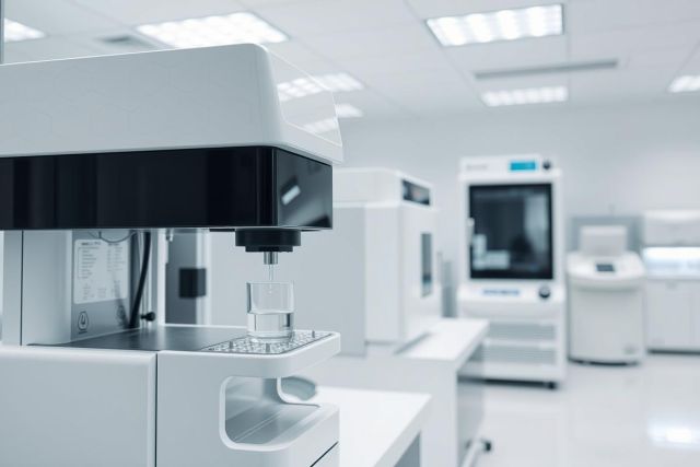 Modern laboratory equipment in a bright, clean lab setting. Focus on a scientific instrument with a sample tube. White and gray tones dominate the scene, suggesting research and analysis. Science, lab, equipment, analysis, research.