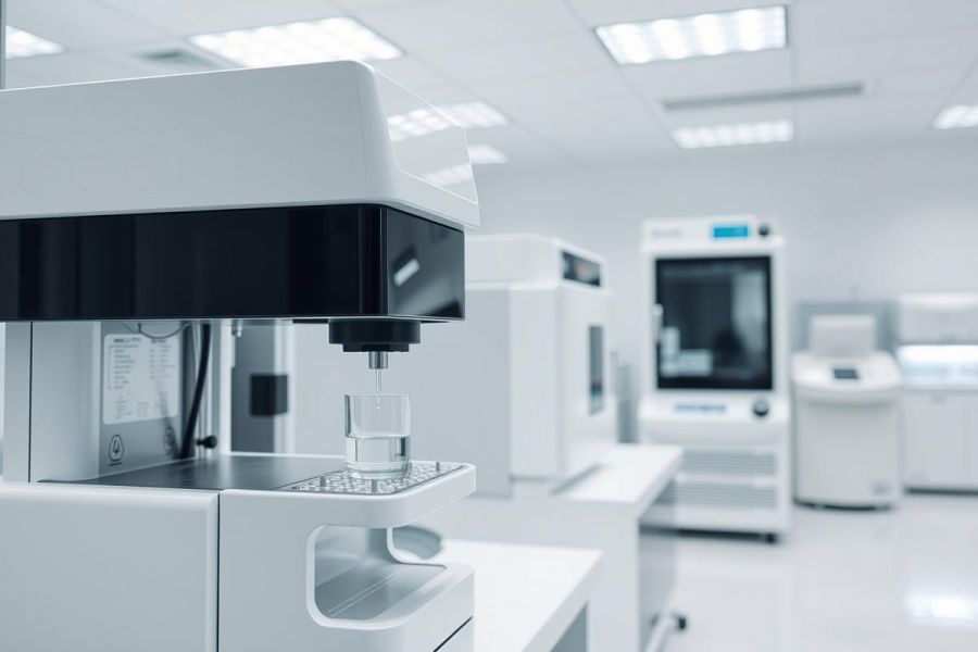 Modern laboratory equipment in a bright, clean lab setting. Focus on a scientific instrument with a sample tube. White and gray tones dominate the scene, suggesting research and analysis. Science, lab, equipment, analysis, research.