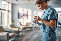 Healthcare worker in blue scrubs prepares an IV drip in a modern, bright waiting room. Medical professional, patient care, and clinical setting depicted with natural light and neutral tones. Focus on IV therapy and medical procedures.