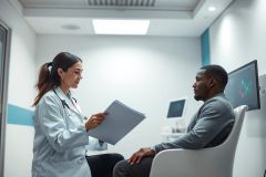 Doctor consults with a patient in a modern medical office. A female doctor in a white coat reviews documents with a male patient. The scene features a clean, bright interior with teal accents and medical equipment visible in the background, representing healthcare and medical consultation.