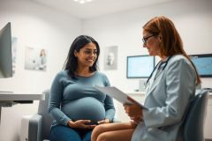 Pregnant woman in a doctor's office having a consultation. A healthcare professional examines paperwork while the expectant mother smiles. Medical exam, prenatal care, and maternal health concepts are depicted in a clean, modern setting with blue and gray tones.