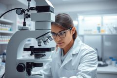 Scientist using a microscope in a modern laboratory. Focused female researcher wearing glasses and a lab coat, conducting scientific analysis. Clean, bright environment with shelves of lab equipment. Science, research, biology, microscopy.