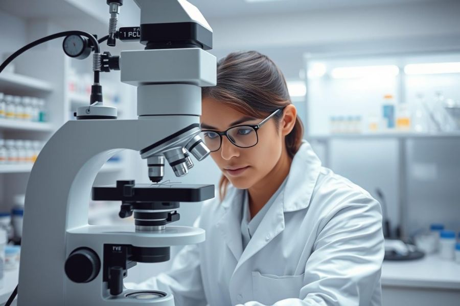 Scientist using a microscope in a modern laboratory. Focused female researcher wearing glasses and a lab coat, conducting scientific analysis. Clean, bright environment with shelves of lab equipment. Science, research, biology, microscopy.