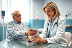 Doctor consults with elderly patient in a modern clinic. Healthcare professional reviews medical documents with a senior man, showcasing patient care and medical consultation. Blue and white tones dominate the clinical setting.