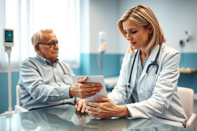 Doctor consults with elderly patient in a modern clinic. Healthcare professional reviews medical documents with a senior man, showcasing patient care and medical consultation. Blue and white tones dominate the clinical setting.