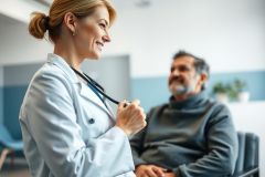 Doctor consulting with a patient in a bright, modern clinic. A female healthcare professional wearing a white coat and stethoscope speaks with a mature man. Focus on patient care, medical consultation, and a professional healthcare setting with neutral colors.