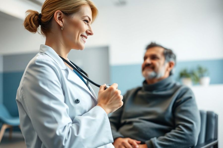 Doctor consulting with a patient in a bright, modern clinic. A female healthcare professional wearing a white coat and stethoscope speaks with a mature man. Focus on patient care, medical consultation, and a professional healthcare setting with neutral colors.