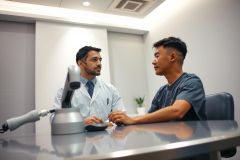 Doctor and patient consultation in a modern office setting. A medical professional in a white coat speaks with a patient. The scene conveys healthcare and discussion in a professional environment. 