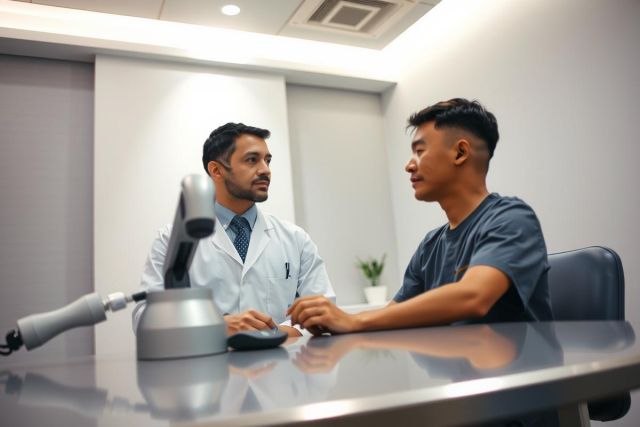 Doctor and patient consultation in a modern office setting. A medical professional in a white coat speaks with a patient. The scene conveys healthcare and discussion in a professional environment. 