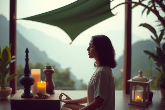 A woman seated on the floor inside a room with wooden walls and open windows, enjoying the view of mountains outside. She is dressed in white clothing and appears to be meditating or engaged in a yoga pose. 
