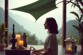 A woman seated on the floor inside a room with wooden walls and open windows, enjoying the view of mountains outside. She is dressed in white clothing and appears to be meditating or engaged in a yoga pose. 