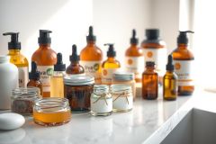 Natural skincare ingredients and products on a white marble surface. Jars, bottles, and oils suggest homemade beauty or organic cosmetics. Warm light and a clean aesthetic create a spa-like feel.
