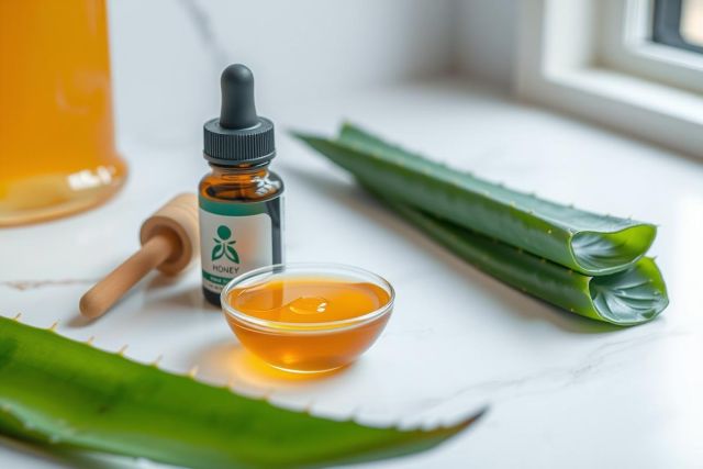 Aloe vera plant with liquid in a dropper bottle and a small bowl, showcasing natural skincare ingredients. Green aloe leaves and golden liquid on a white surface. Focus on botanical beauty and wellness.